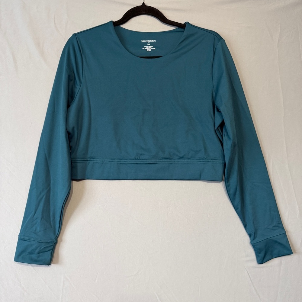 Banana Republic Womens Activewear Crop Top Size Large Teal Long Sleeve Quick Dry